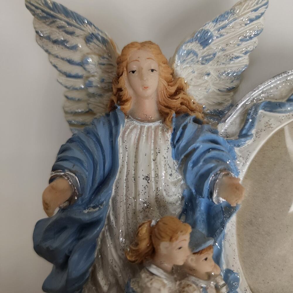 Christmas Décor Ceramic Blue & White Angel w/ Children Small Oval Photo Frame
